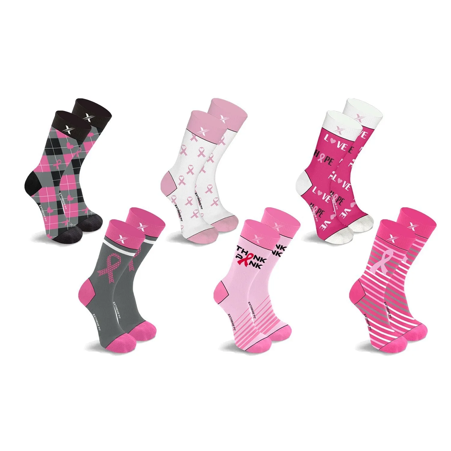 6-Pairs: Breast Cancer Awareness Crew Length Everyday Wear Compression Socks