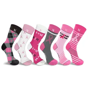 6-Pairs: Breast Cancer Awareness Crew Length Everyday Wear Compression Socks