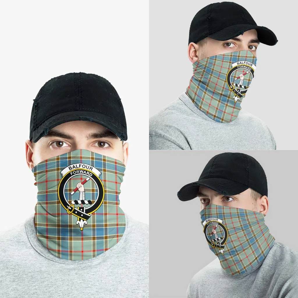 Balfour Blue Tartan Neck Gaiters, Tartan Bandanas, Tartan Head Band with Family Crest