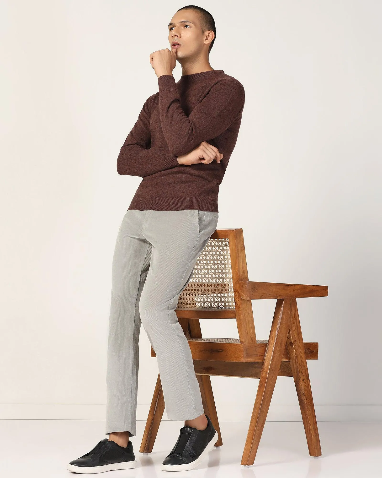 Crew Neck Brown Solid Sweater - Harley