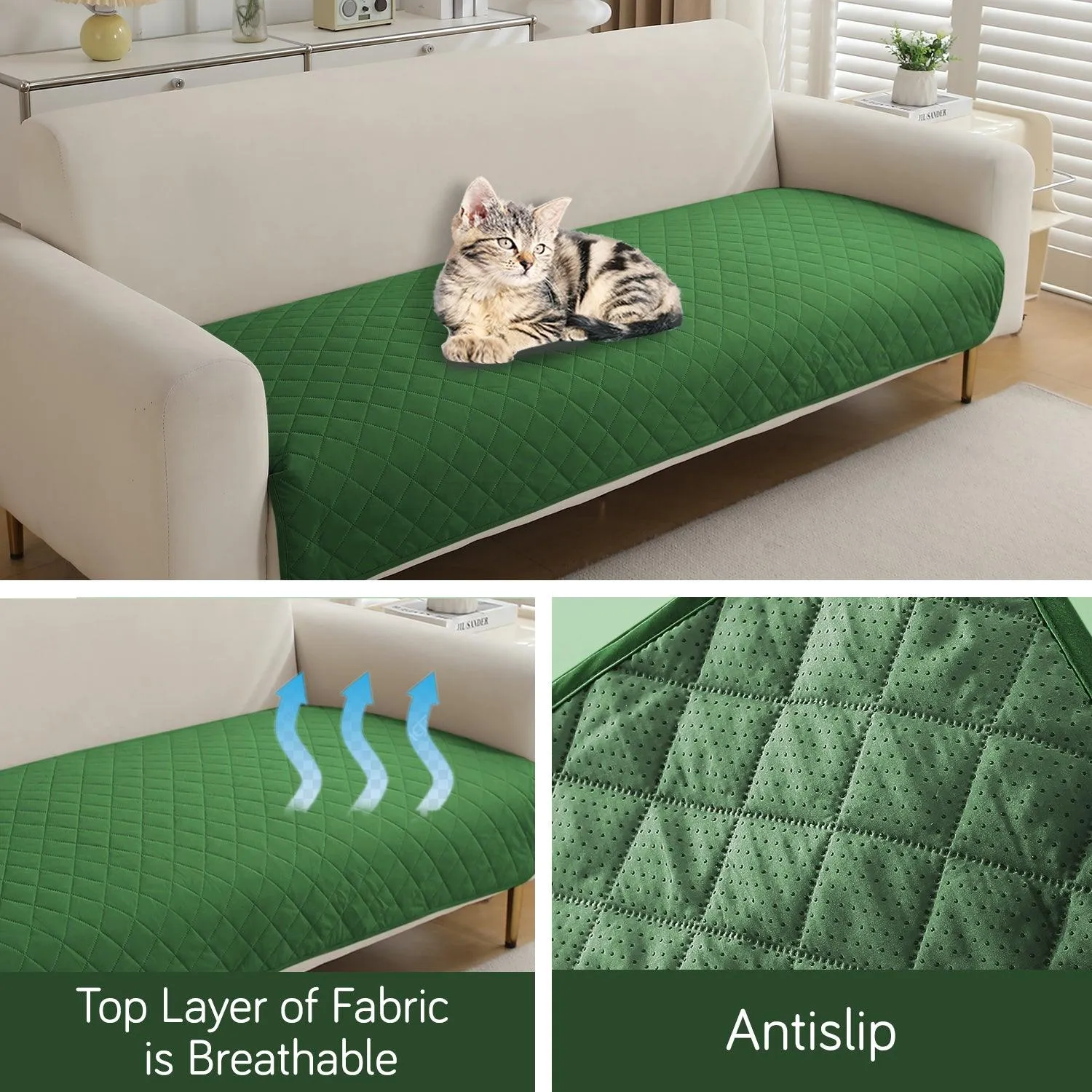 HOKIPO Waterproof Anti-Slip Quick Dry Sofa Seat Mat for 1/2/3 Seater, Green