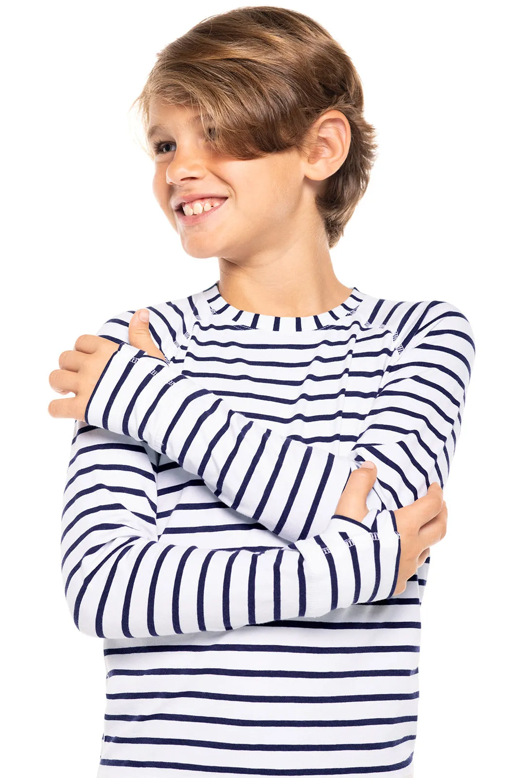 Kid's LumaLeo Long Sleeve T-Shirt  |  White/Navy Stripe