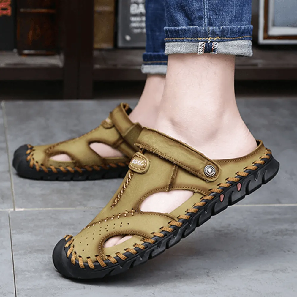 kkboxly kkboxly Men Hand Stitching Non Slip Outdoor Casual Beach Leather Sandals