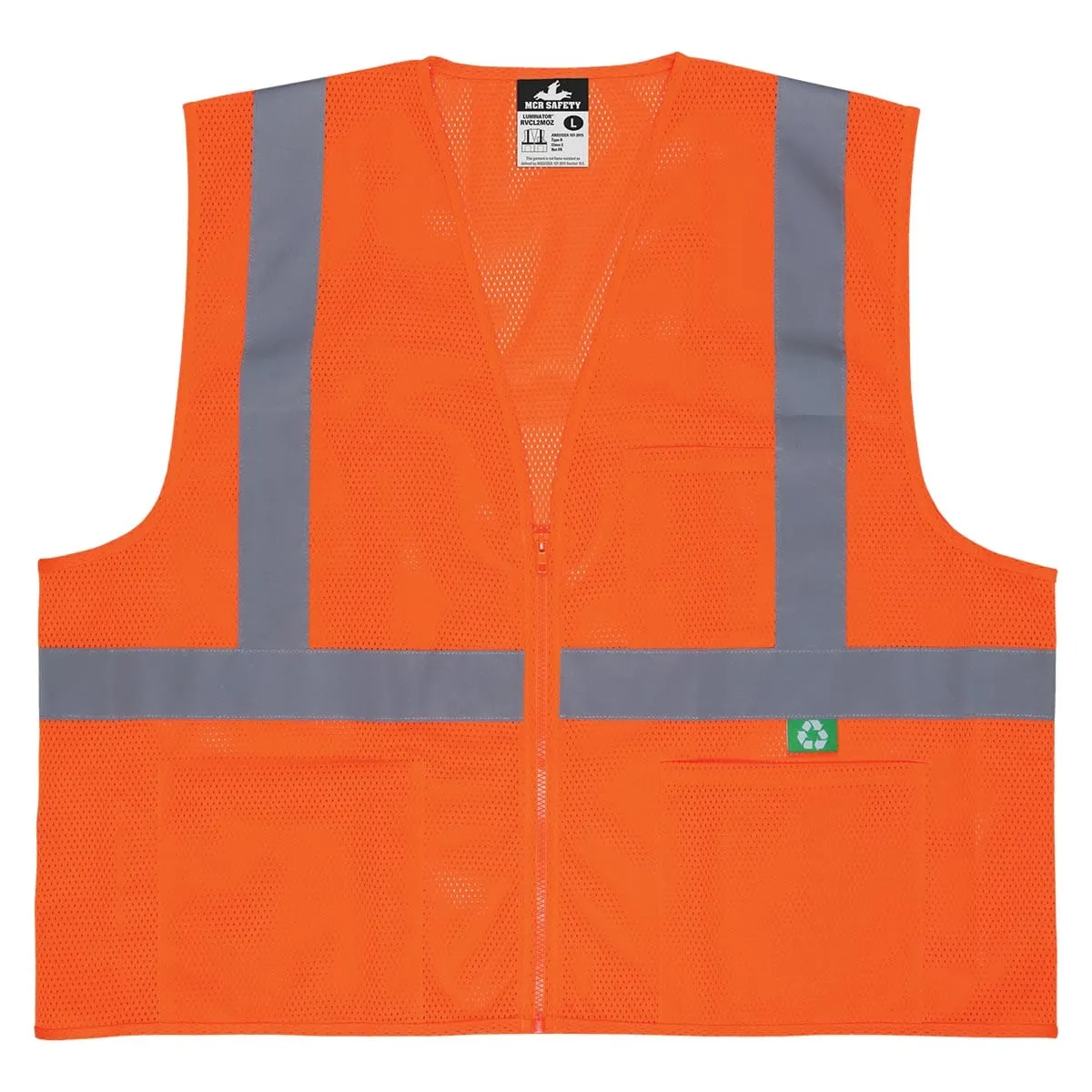 MCR Safety ANSI Class 2 Hi-Vis Recycled Materials Zipper-Front Vest