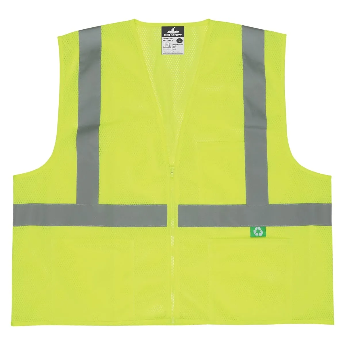 MCR Safety ANSI Class 2 Hi-Vis Recycled Materials Zipper-Front Vest