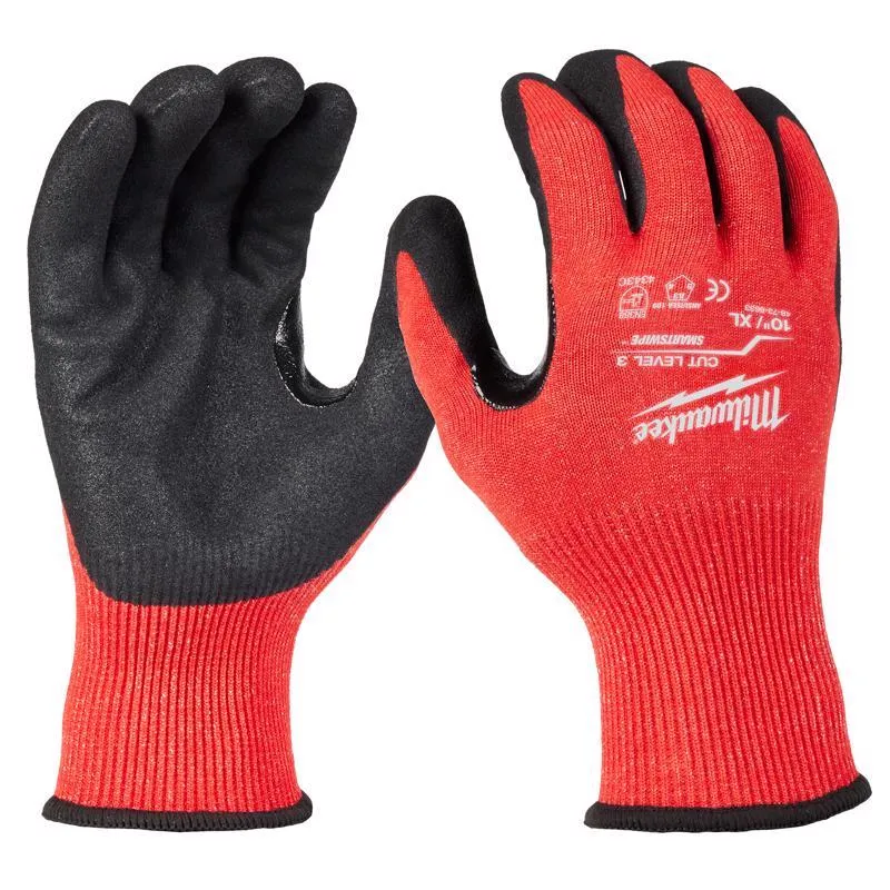 Milwaukee Cut Level 3 Unisex Elasticated Knit Dipped Gloves Black/Red XL 1 pair