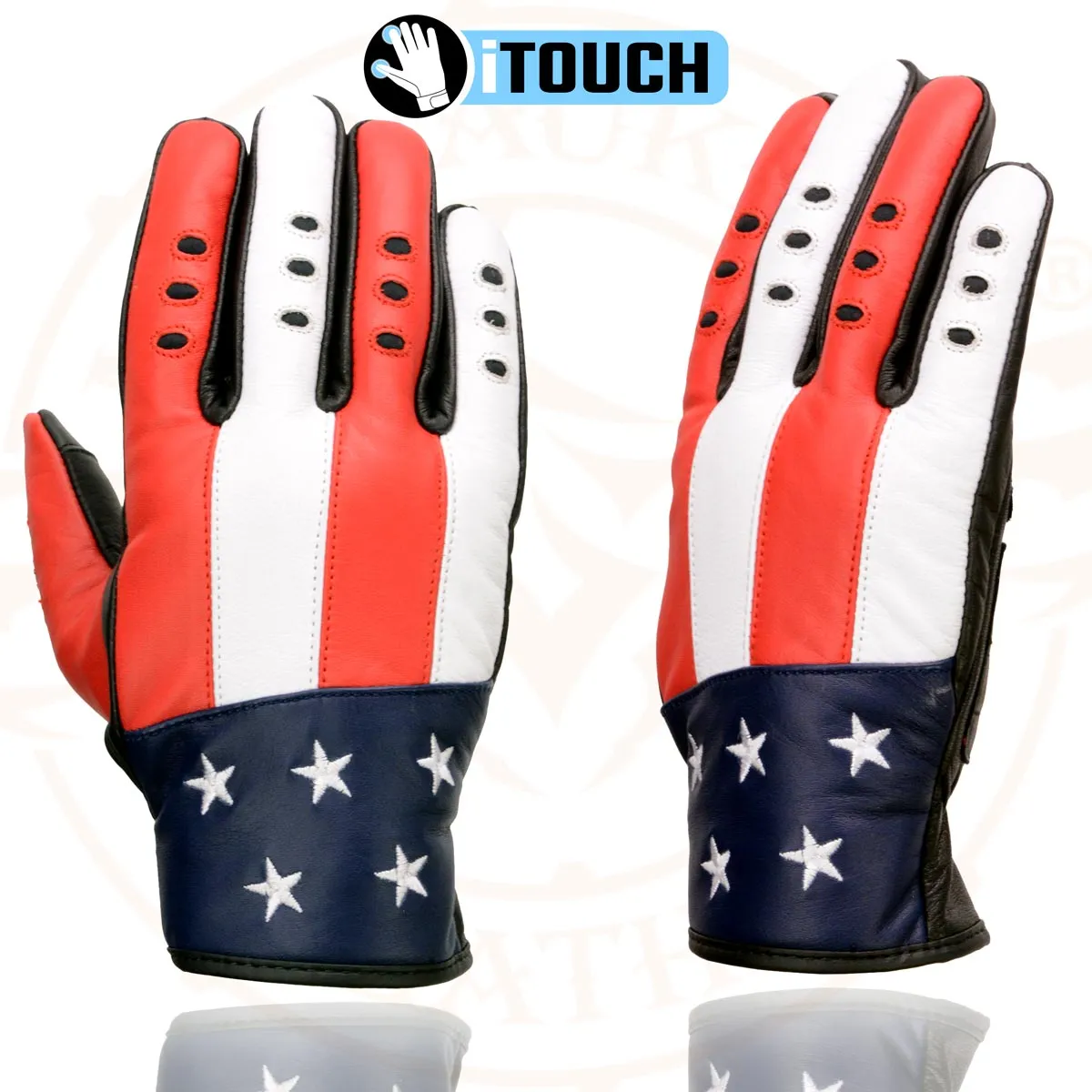 Milwaukee Leather MG7527 Men's Black Leather i-Touch Screen Compatible Motorcycle Hand Gloves w/ Stars and Stripes