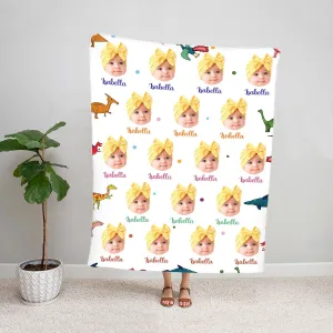 Teesdily | Cute Nursery Personalized Throw Blanket With Baby Face Kid Dinosaur Baby Travel Blanket Customize Blankets With Photos Personalized Name