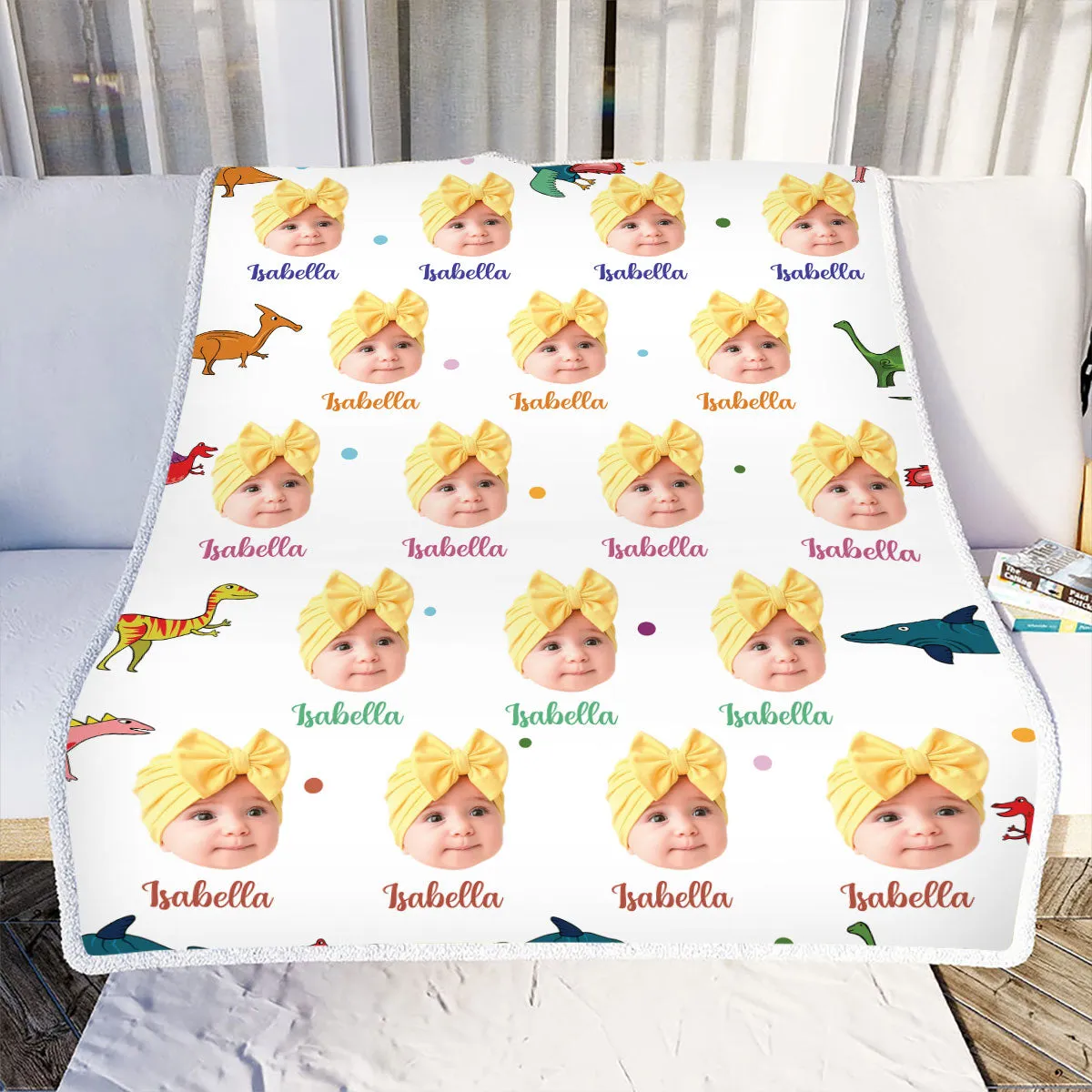 Teesdily | Cute Nursery Personalized Throw Blanket With Baby Face Kid Dinosaur Baby Travel Blanket Customize Blankets With Photos Personalized Name