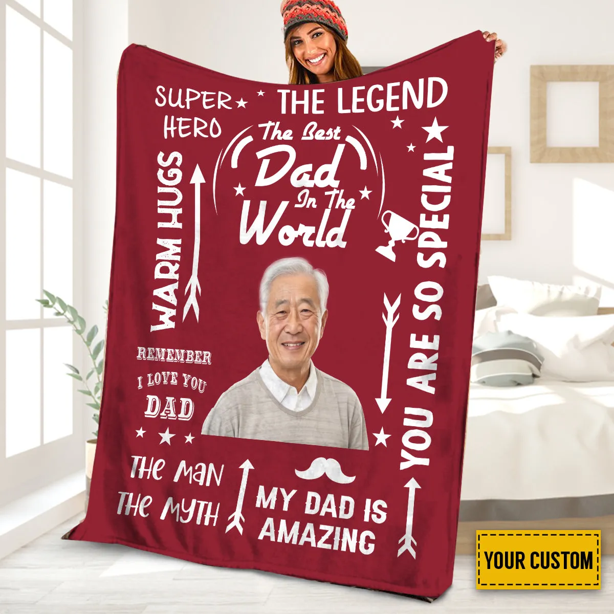 Teesdily | Daddy Custom Photo Blanket The Best Dad In The World Throw Blanket Awesome Father's Day Throw Blanket Inspirational Words Gifts For Daddy