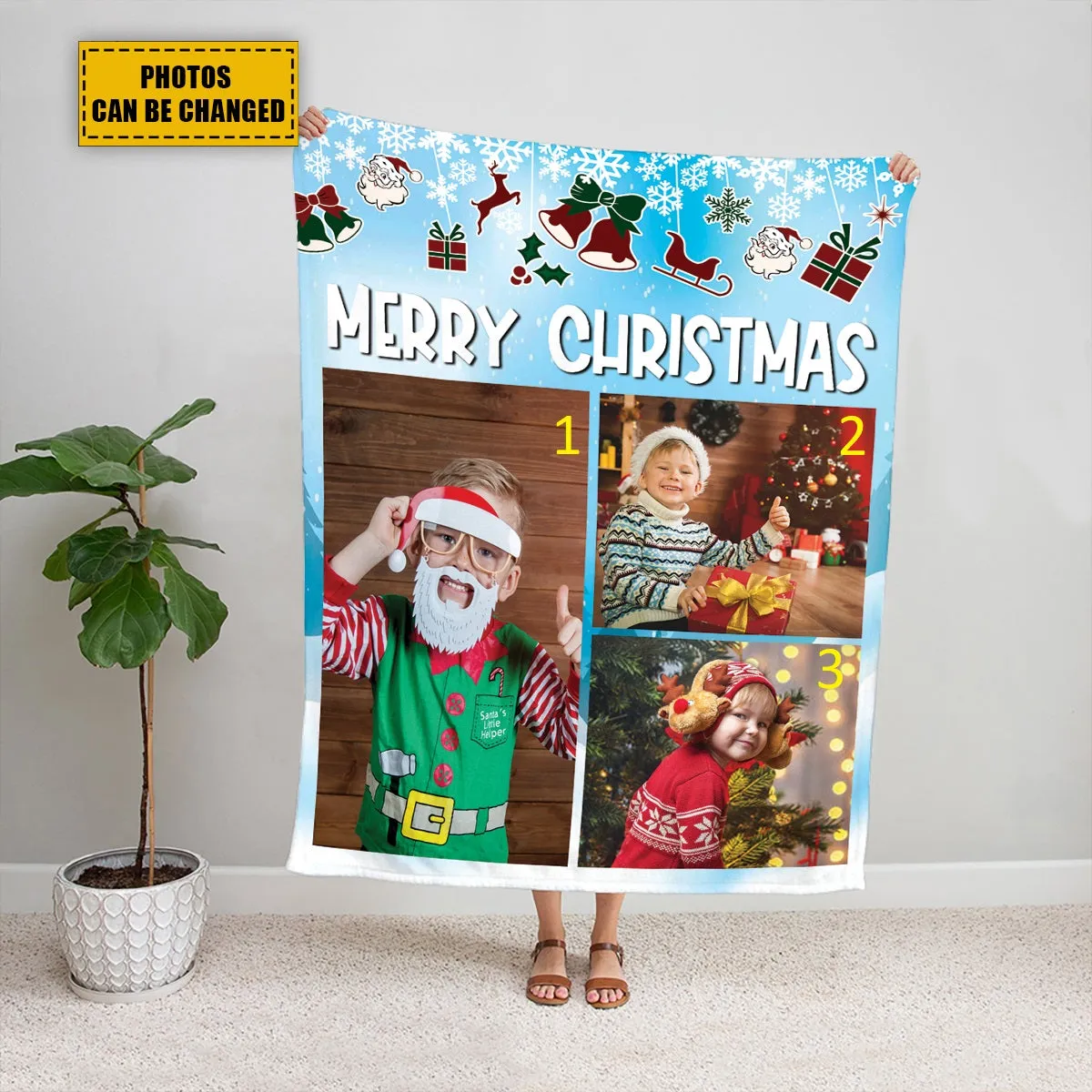 Teesdily | Merry Christmas Picture Blanket Personalized Photo Christmas Keepsake Custom Image Blanket Fleece Throws Gift For Kid Family Friends