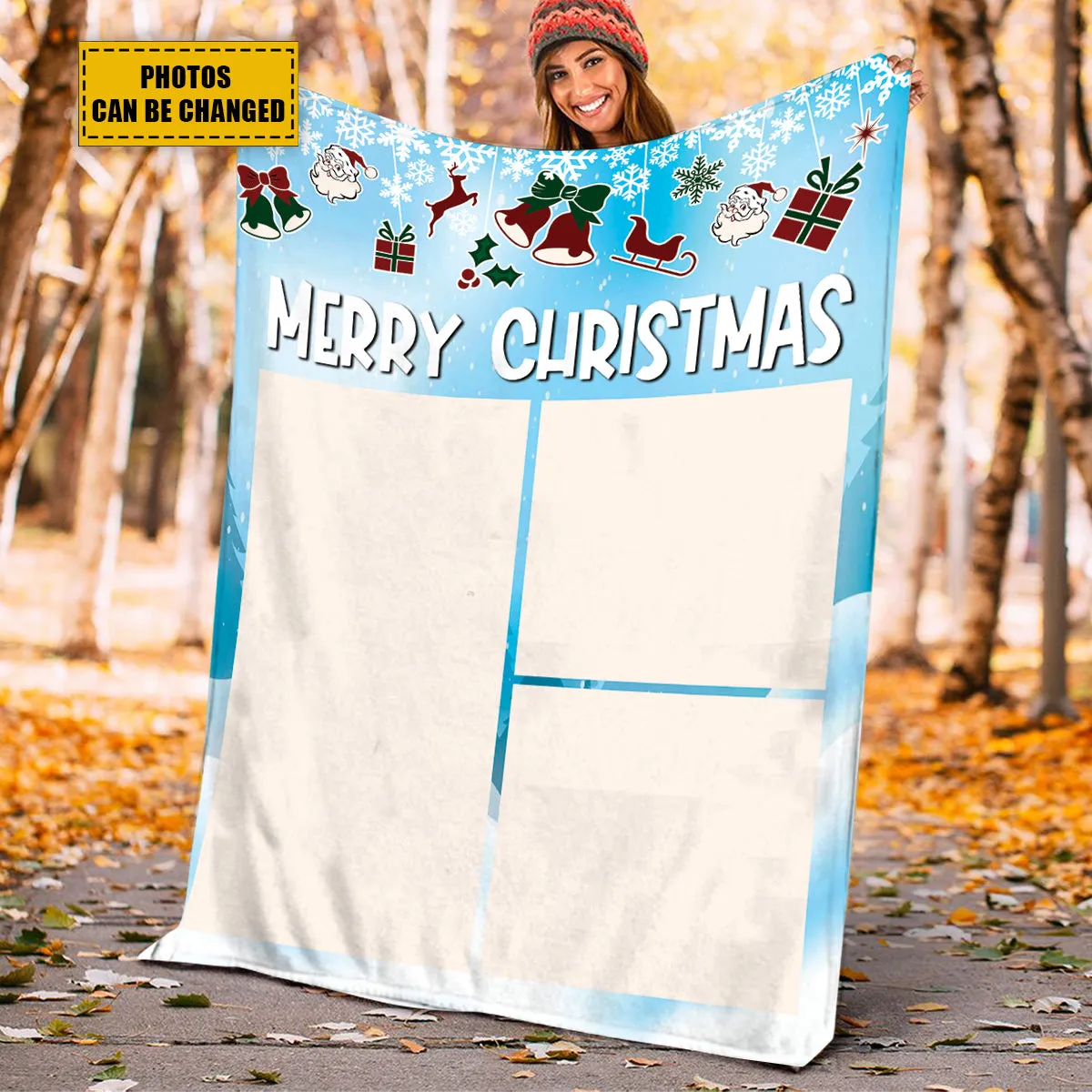 Teesdily | Merry Christmas Picture Blanket Personalized Photo Christmas Keepsake Custom Image Blanket Fleece Throws Gift For Kid Family Friends